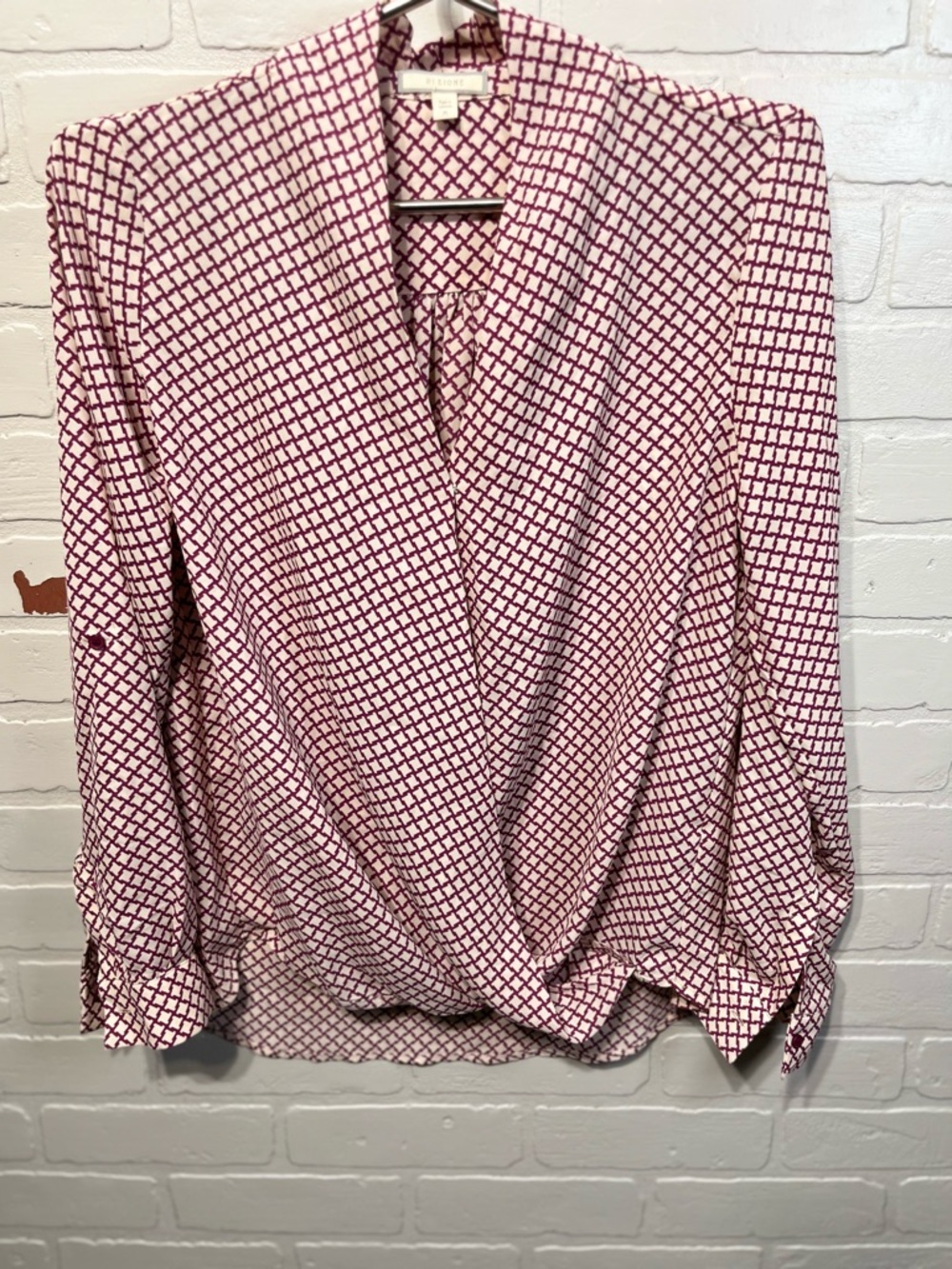 Pleione Pink and White Geometric Wrap-Style Blouse